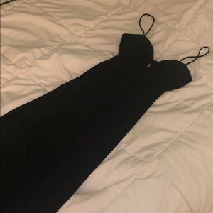 Long black spaghetti strap gala dress